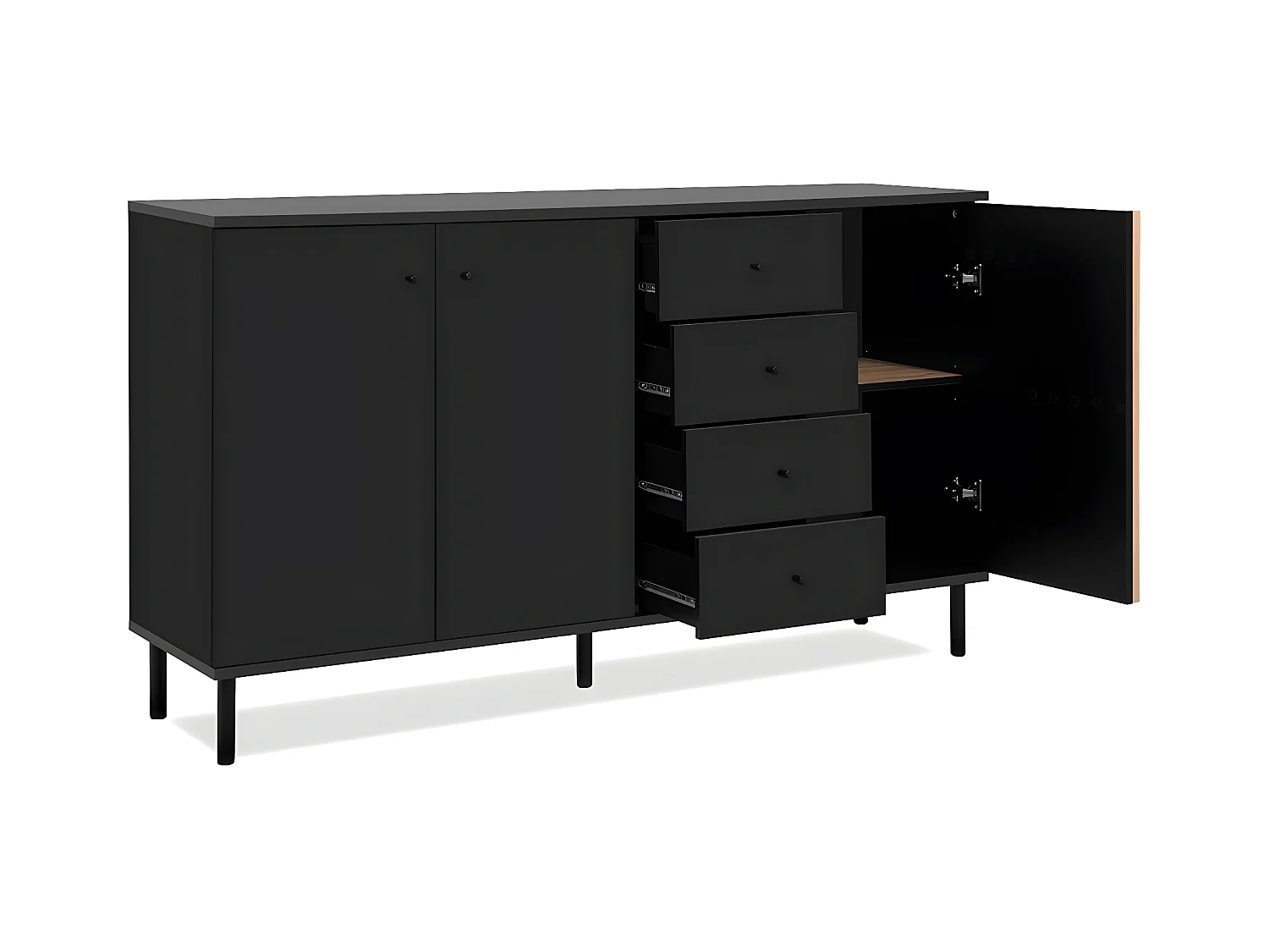 Sideboard 3 Türen und 4 Schubladen Schwarz und Holz B160 cm - MONZA
