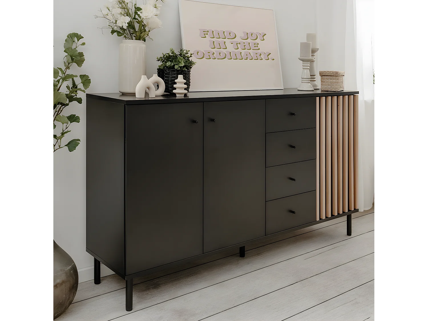 Sideboard 3 Türen und 4 Schubladen Schwarz und Holz B160 cm - MONZA