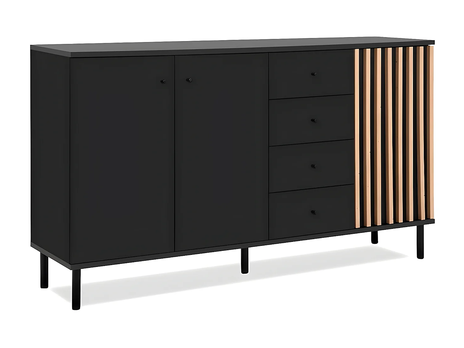 Buffet 3 portes et 4 Tiroirs Noir et Bois L160 cm - MONZA