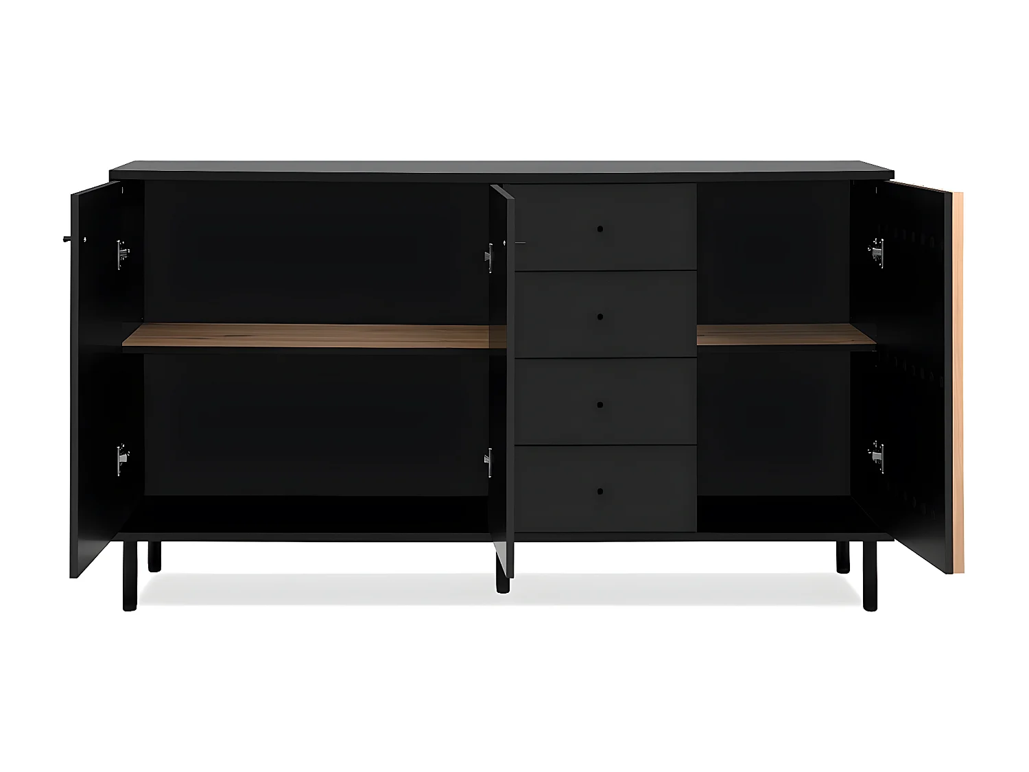 Buffet 3 portes et 4 Tiroirs Noir et Bois L160 cm - MONZA