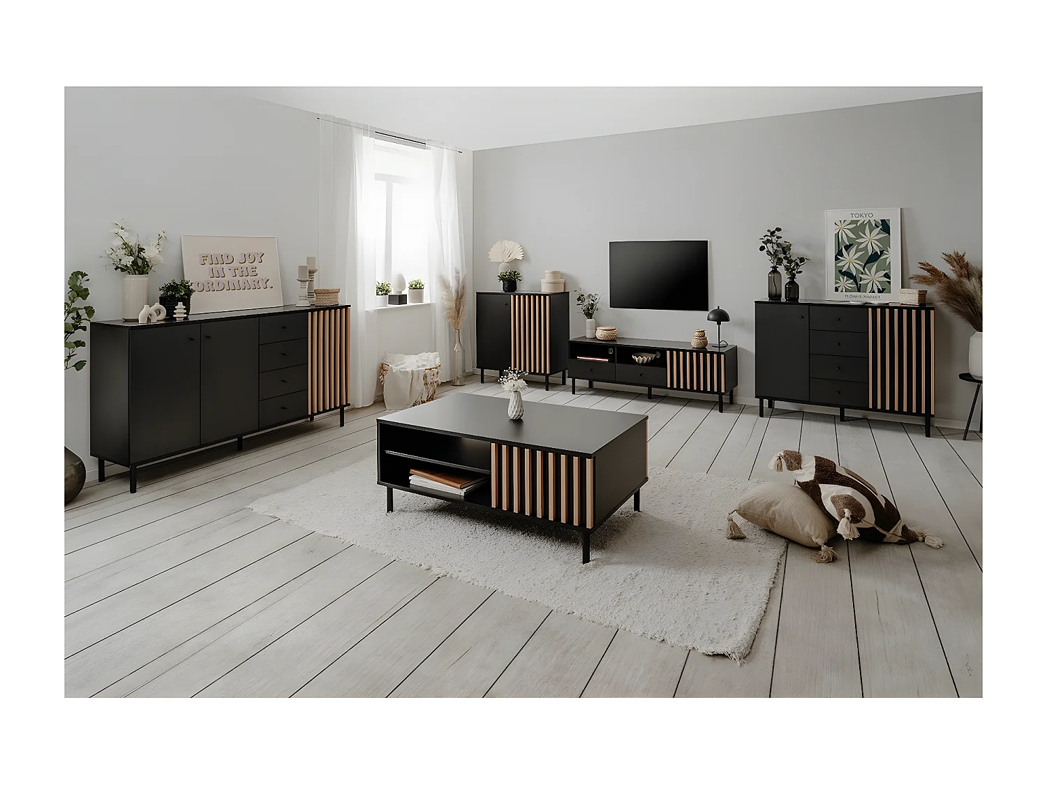 Buffet 3 portes et 4 Tiroirs Noir et Bois L160 cm - MONZA