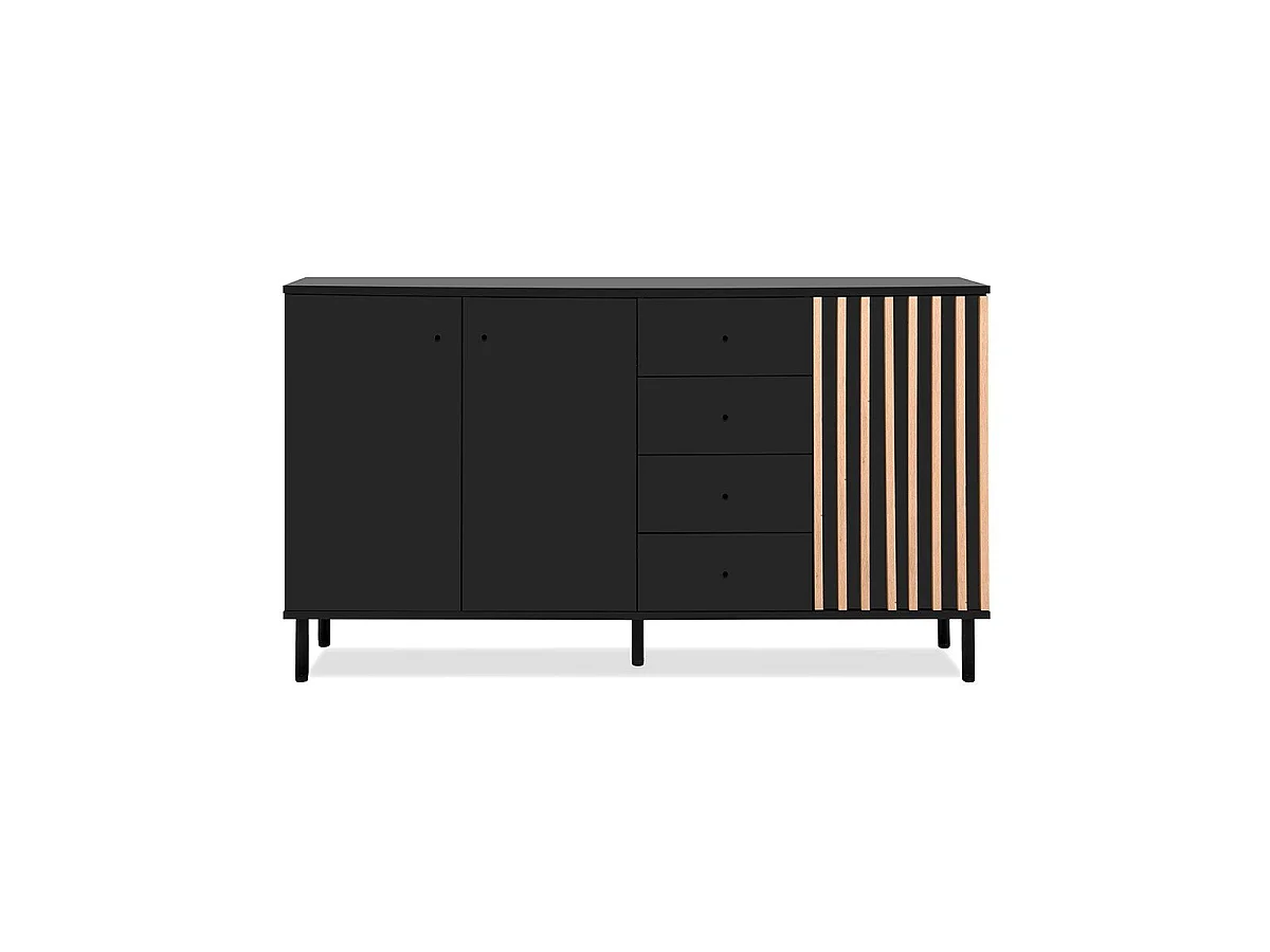 Buffet 3 portes et 4 Tiroirs Noir et Bois L160 cm - MONZA