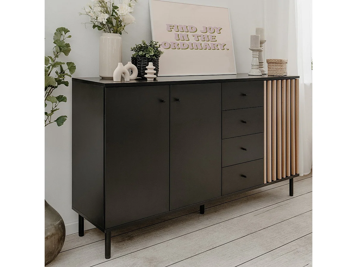 Buffet 3 portes et 4 Tiroirs Noir et Bois L160 cm - MONZA