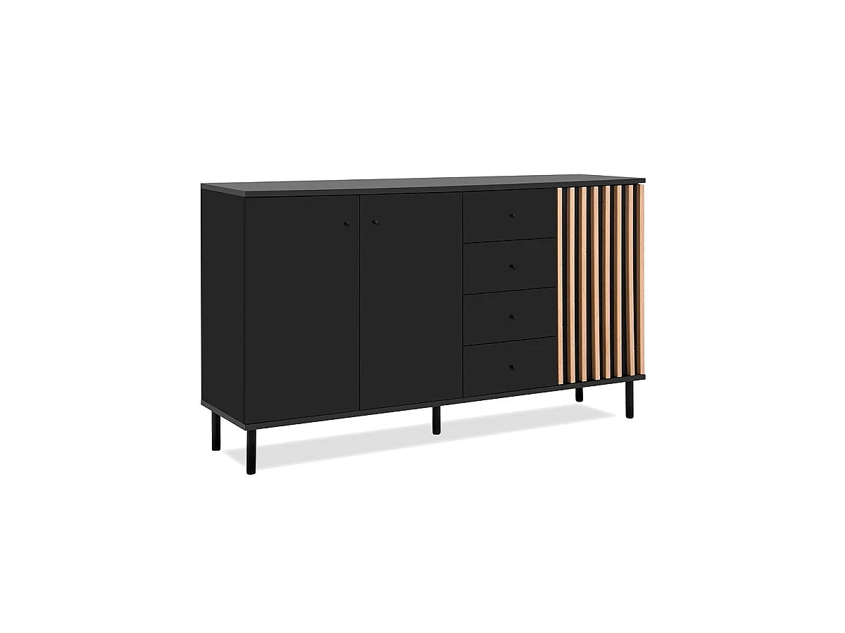 Buffet 3 portes et 4 Tiroirs Noir et Bois L160 cm - MONZA