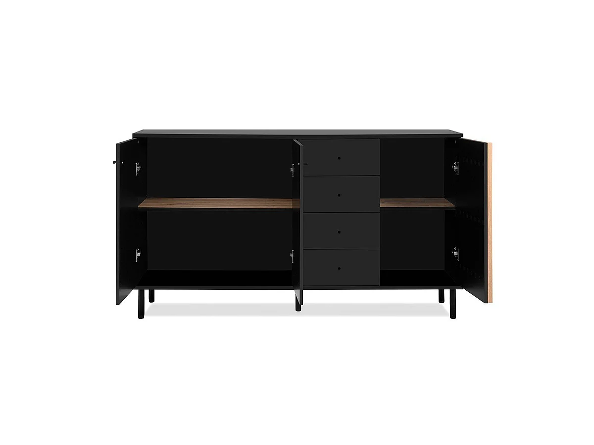Buffet 3 portes et 4 Tiroirs Noir et Bois L160 cm - MONZA