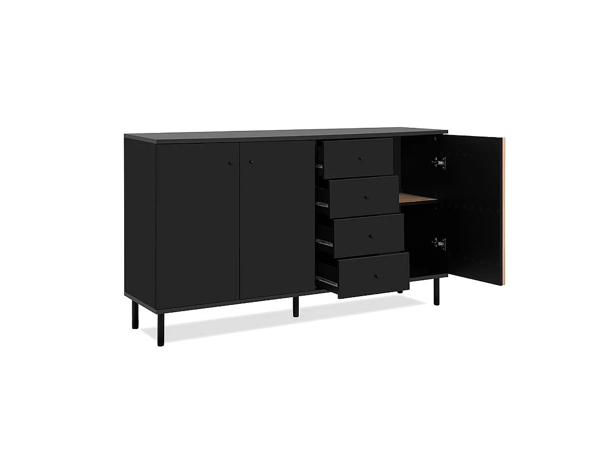 Buffet 3 portes et 4 Tiroirs Noir et Bois L160 cm - MONZA