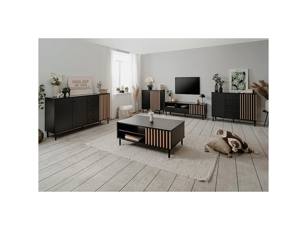 Buffet 3 portes et 4 Tiroirs Noir et Bois L160 cm - MONZA
