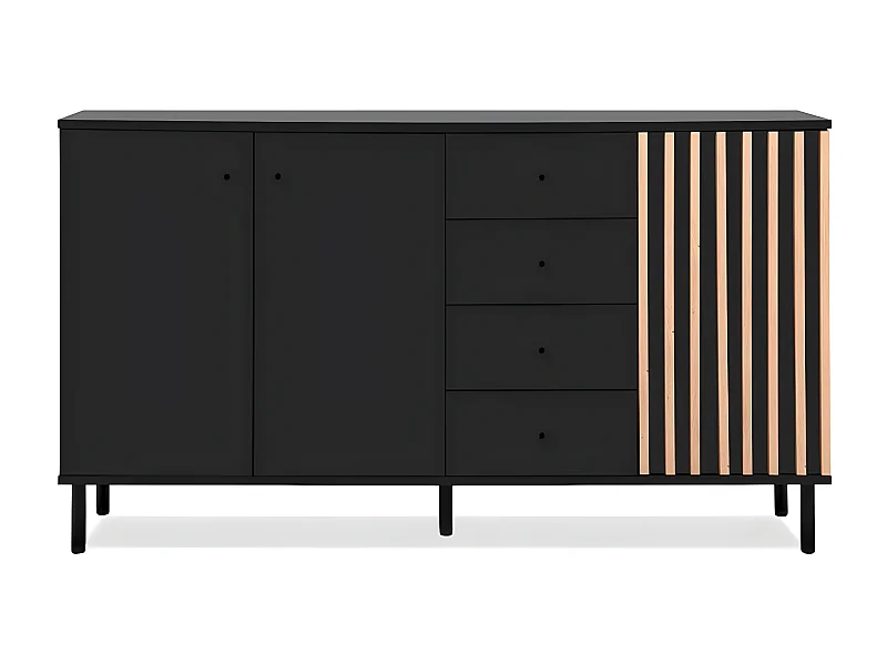 Buffet 3 portes et 4 Tiroirs Noir et Bois L160 cm - MONZA