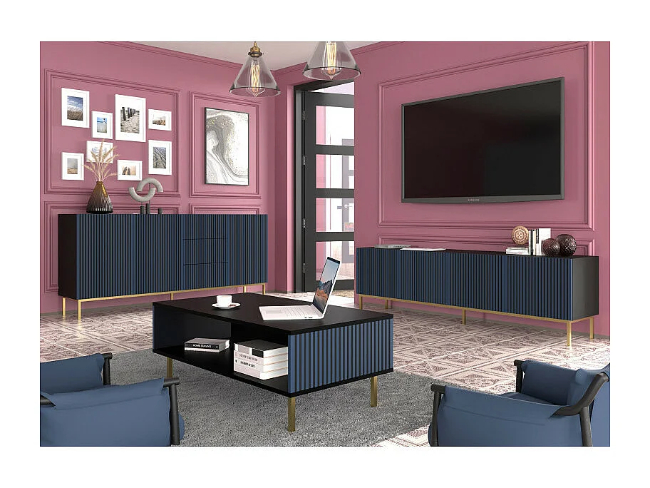 Buffet 3 portes 3 tiroirs Philaé Bleu et Noir