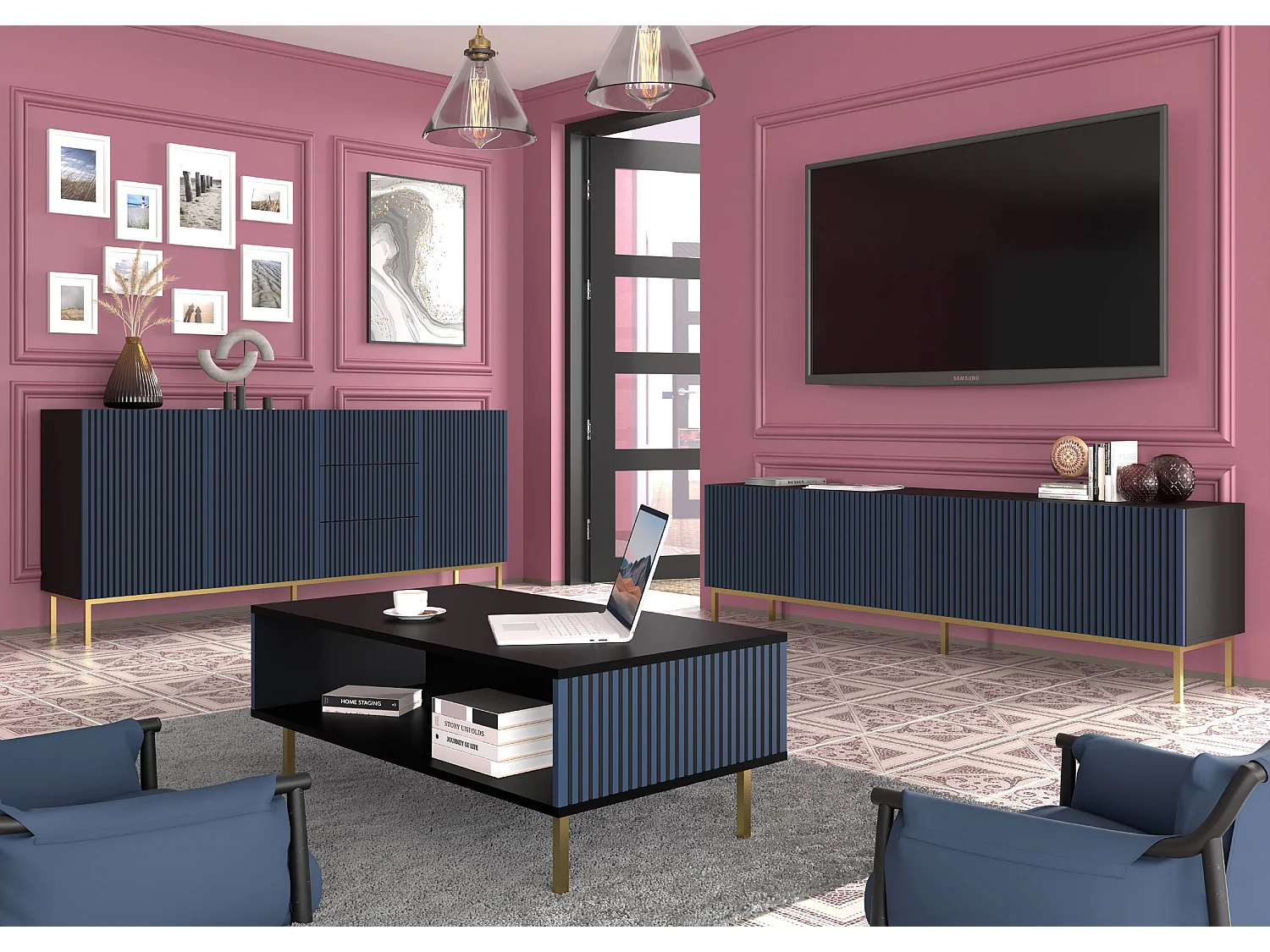 Philaé Blauw en Zwart 3-deurs dressoir met 3 laden