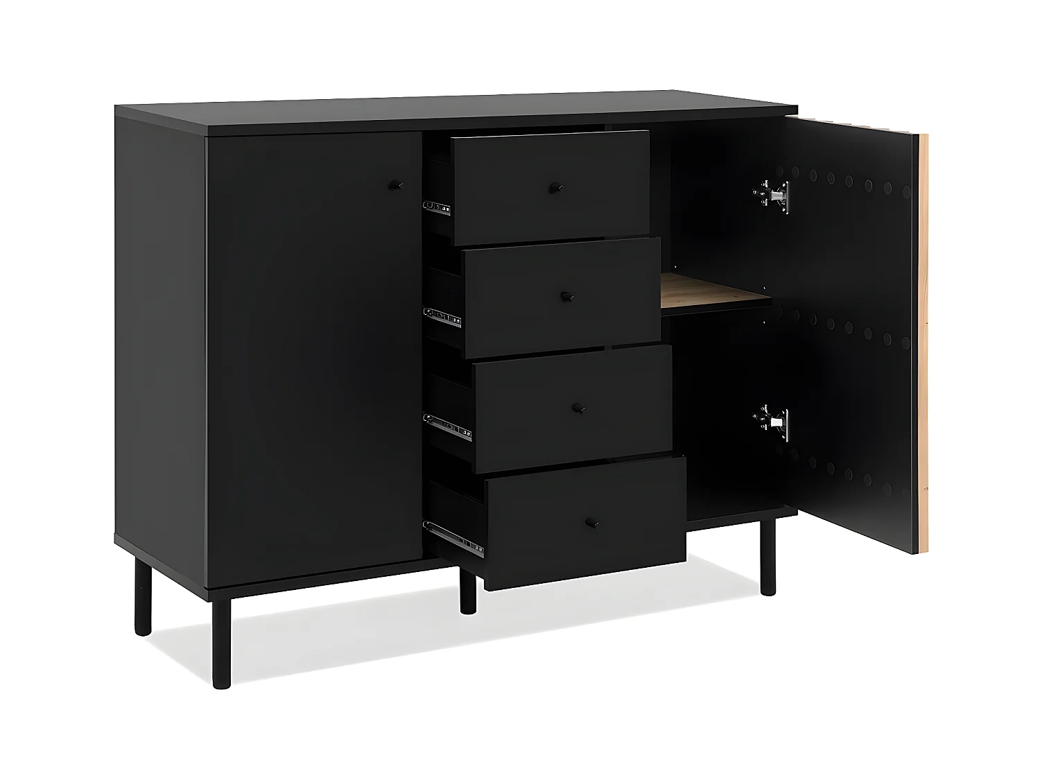 Buffet 2 Portes 4 Tiroirs Noir et Bois L118 cm - MONZA