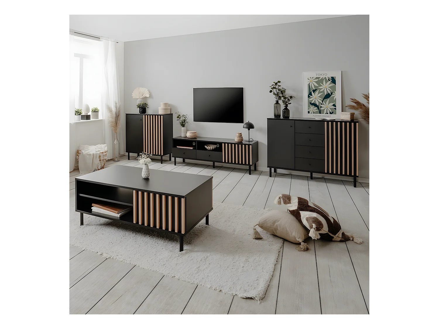 Buffet 2 Portes 4 Tiroirs Noir et Bois L118 cm - MONZA