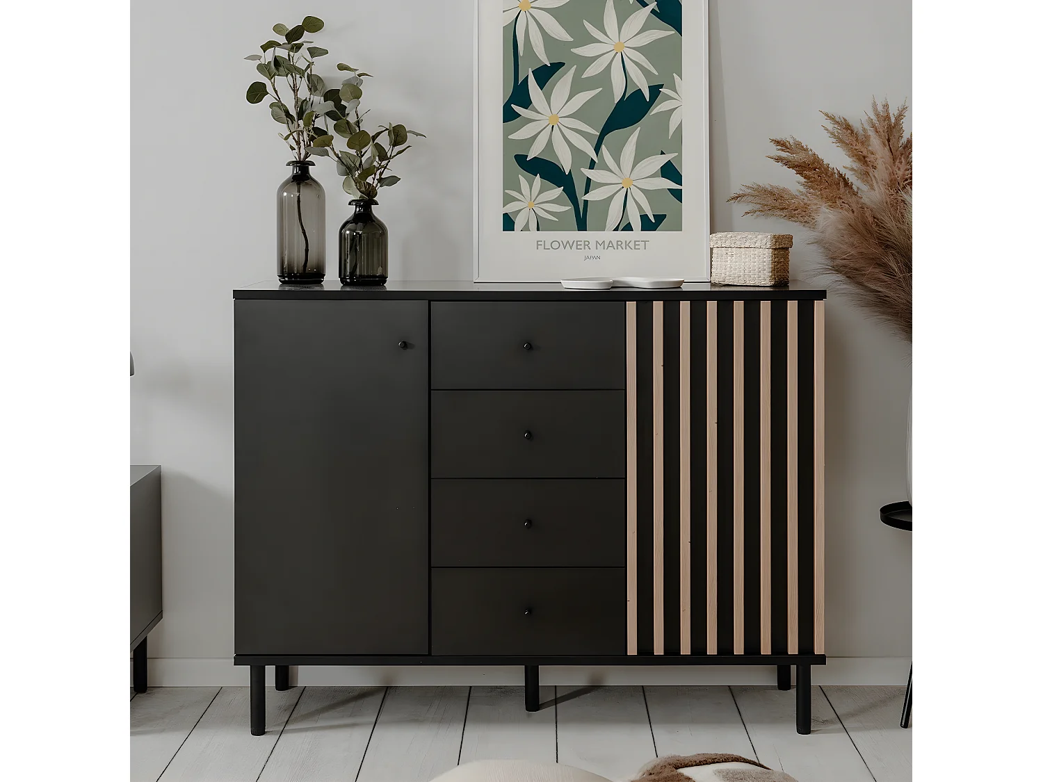 Buffet 2 Portes 4 Tiroirs Noir et Bois L118 cm - MONZA