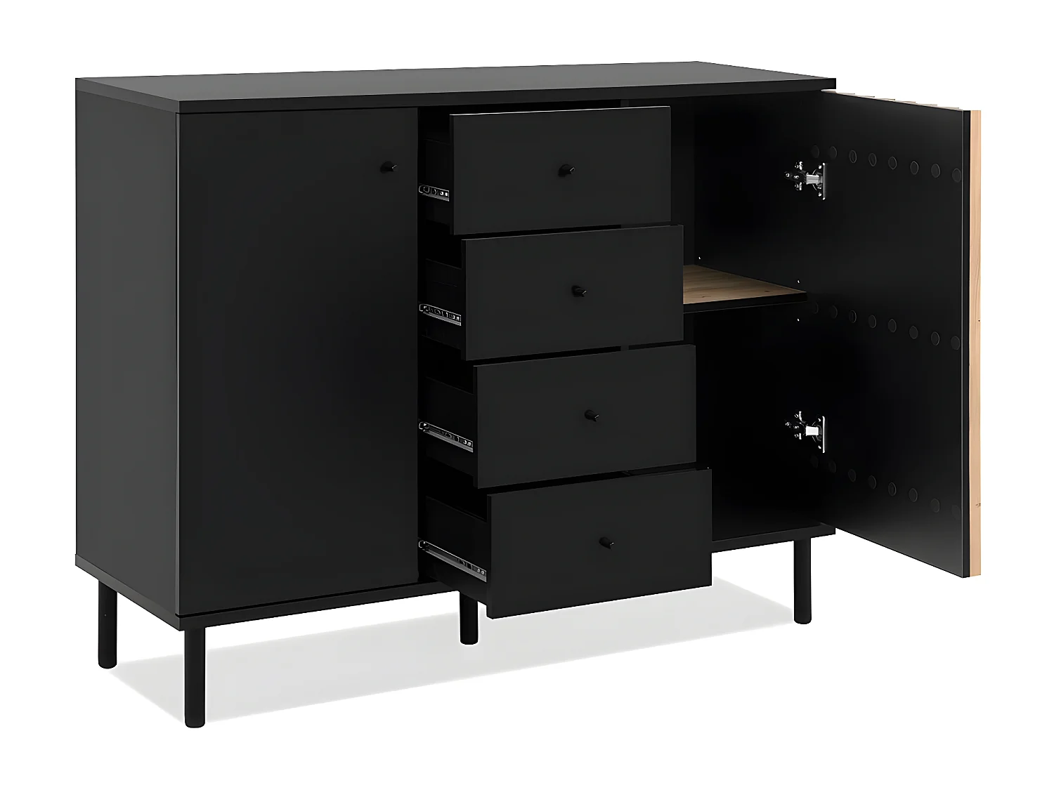 Buffet 2 Portes 4 Tiroirs Noir et Bois L118 cm - MONZA