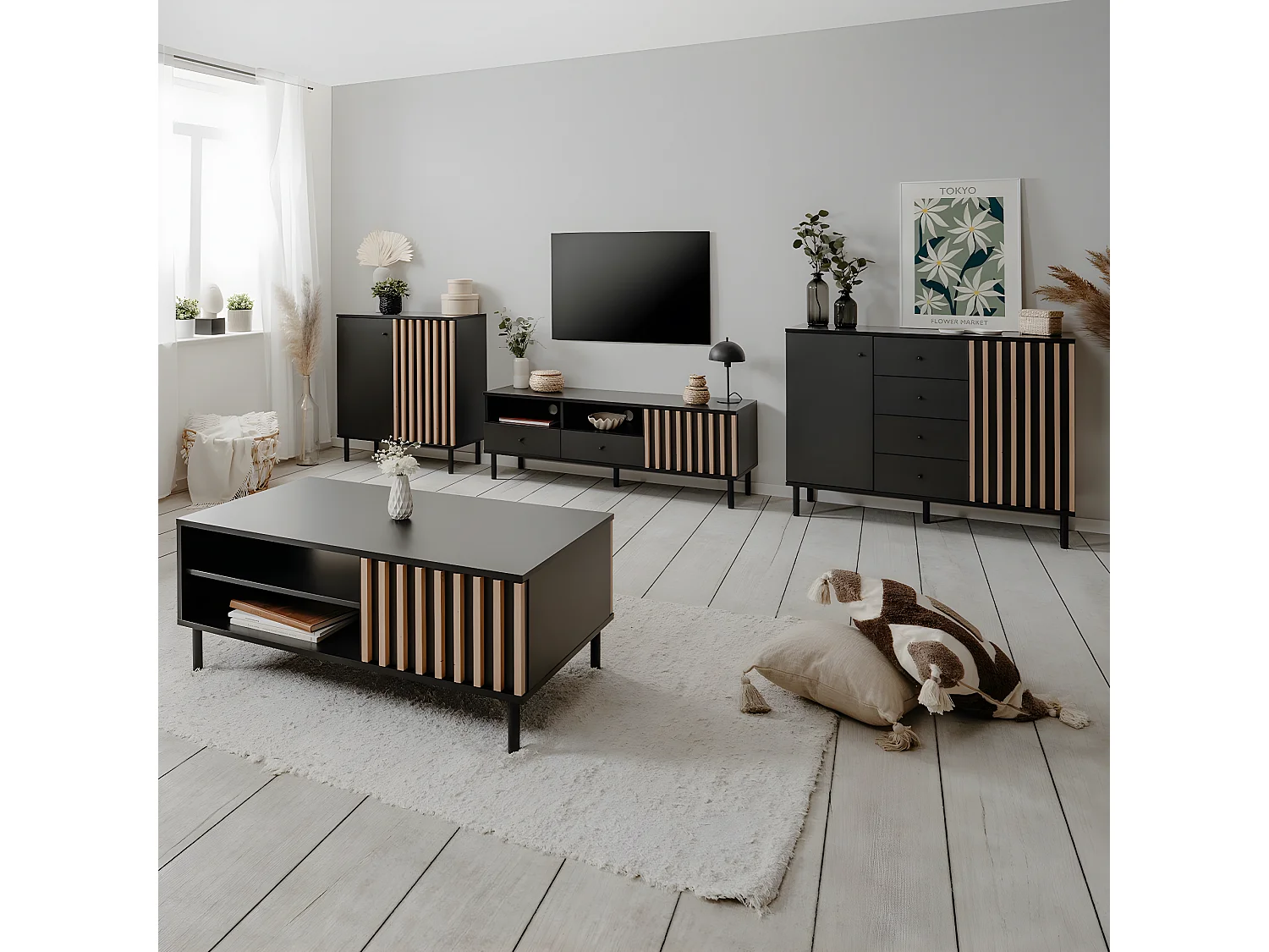 Buffet 2 Portes 4 Tiroirs Noir et Bois L118 cm - MONZA