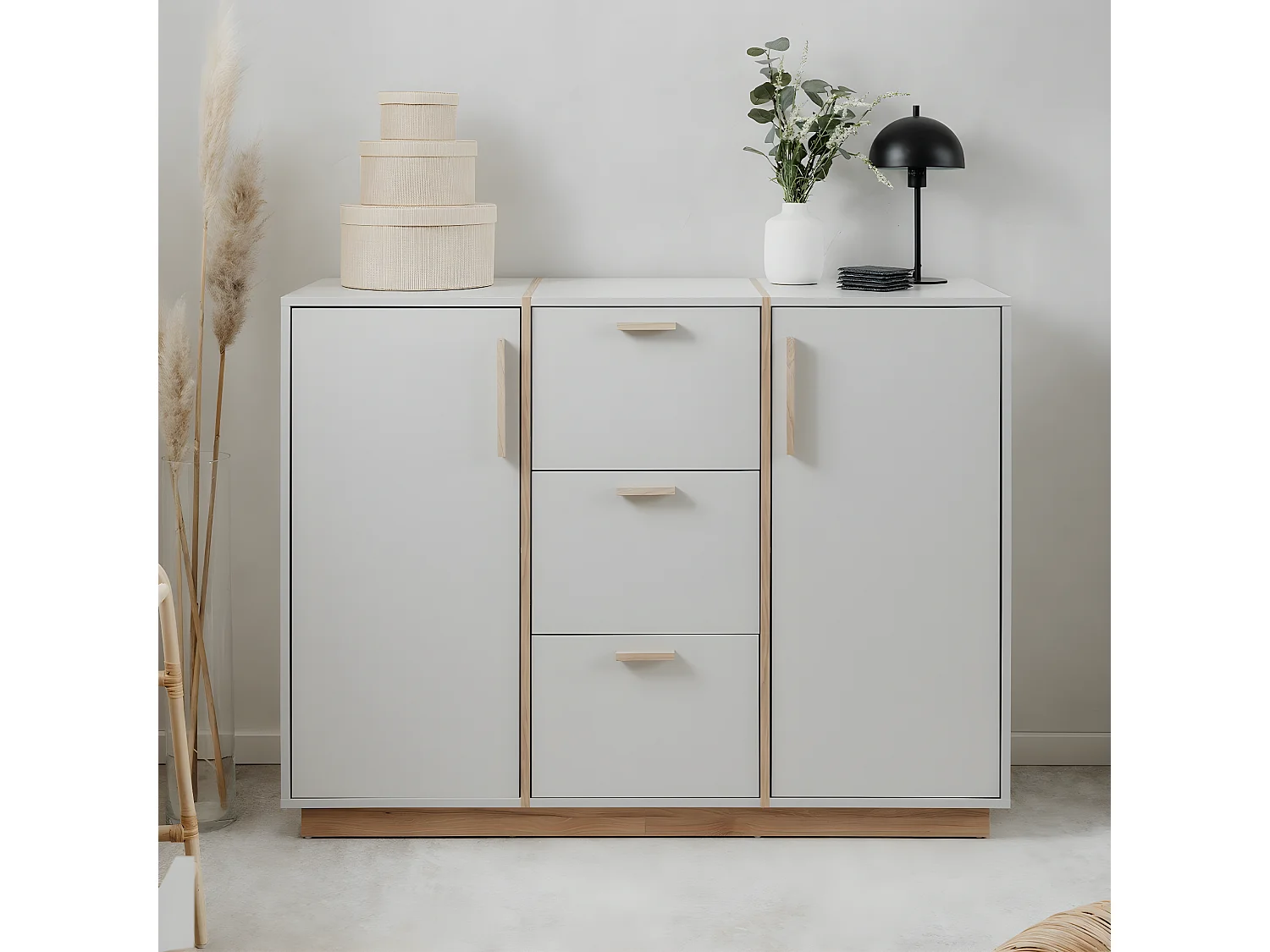 Buffet 2 portes et 3 Tiroirs décor Blanc et Bois L125 cm - SPLIT