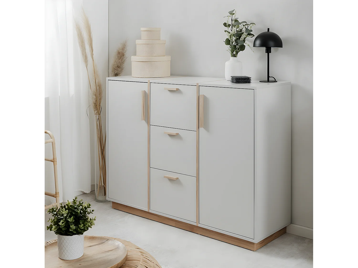 Buffet 2 portes et 3 Tiroirs décor Blanc et Bois L125 cm - SPLIT