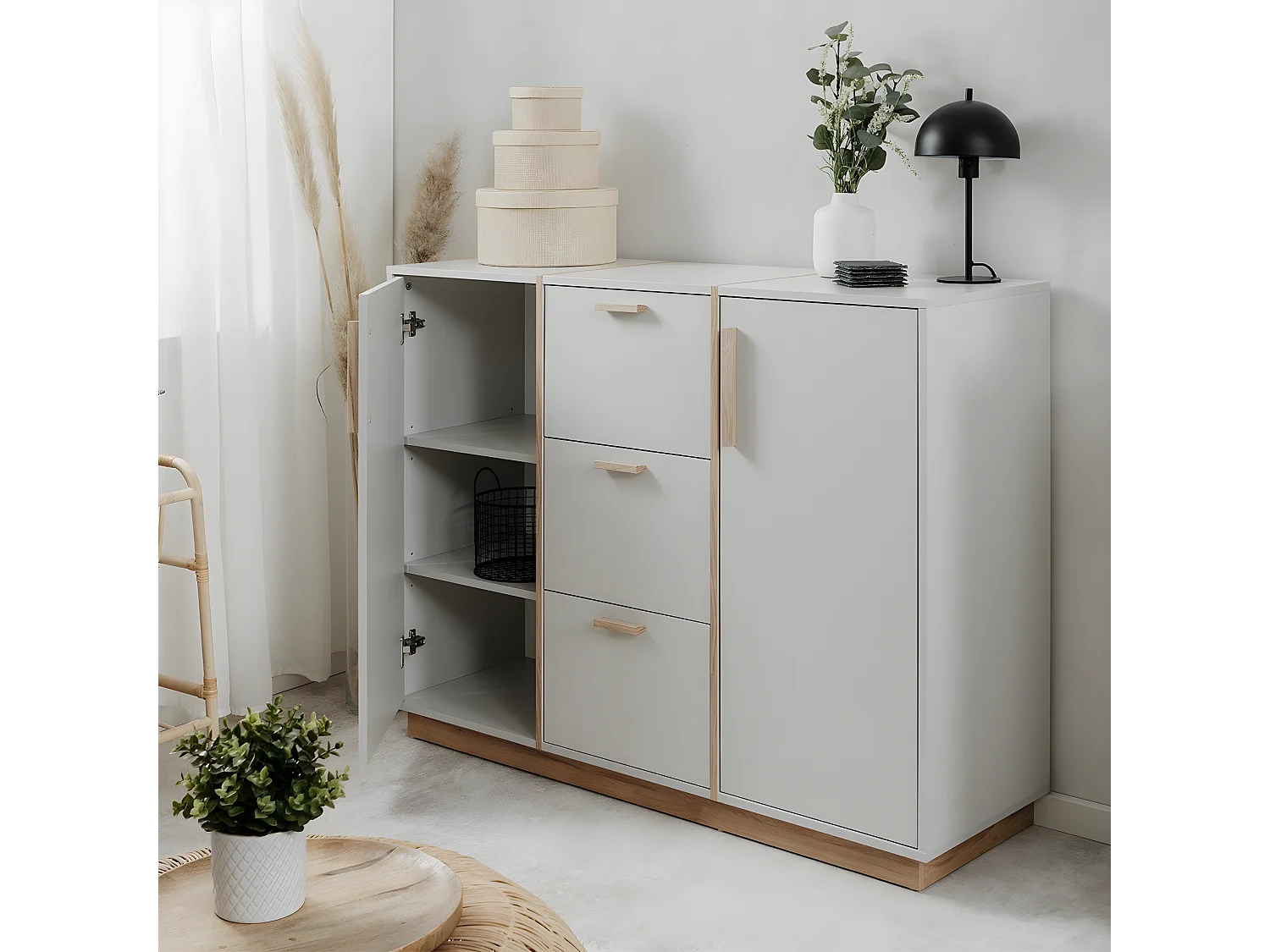 Buffet 2 portes et 3 Tiroirs décor Blanc et Bois L125 cm - SPLIT