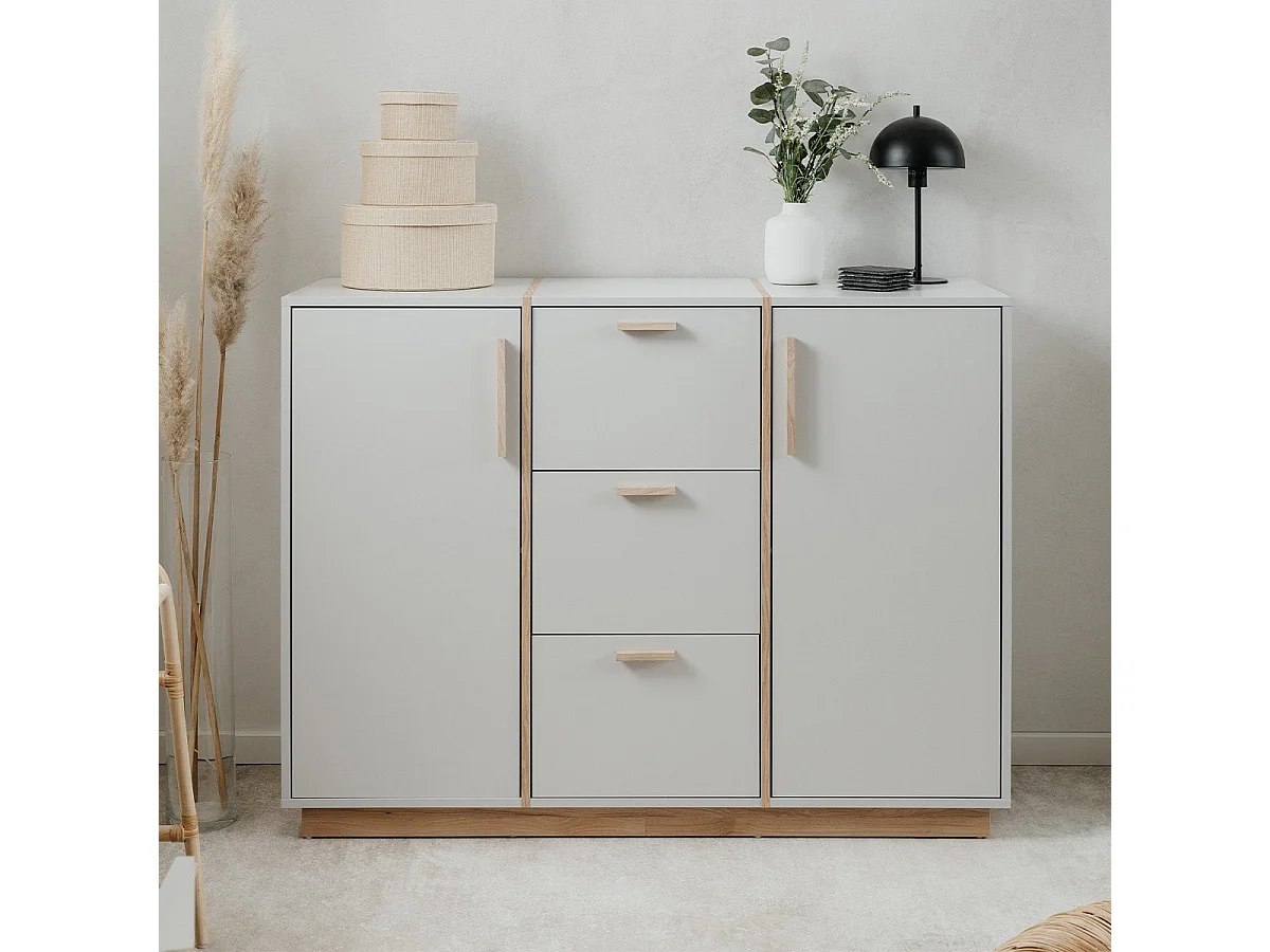 Sideboard 2 Türen und 3 Schubladen Dekor Weiß und Holz B125 cm - SPLIT