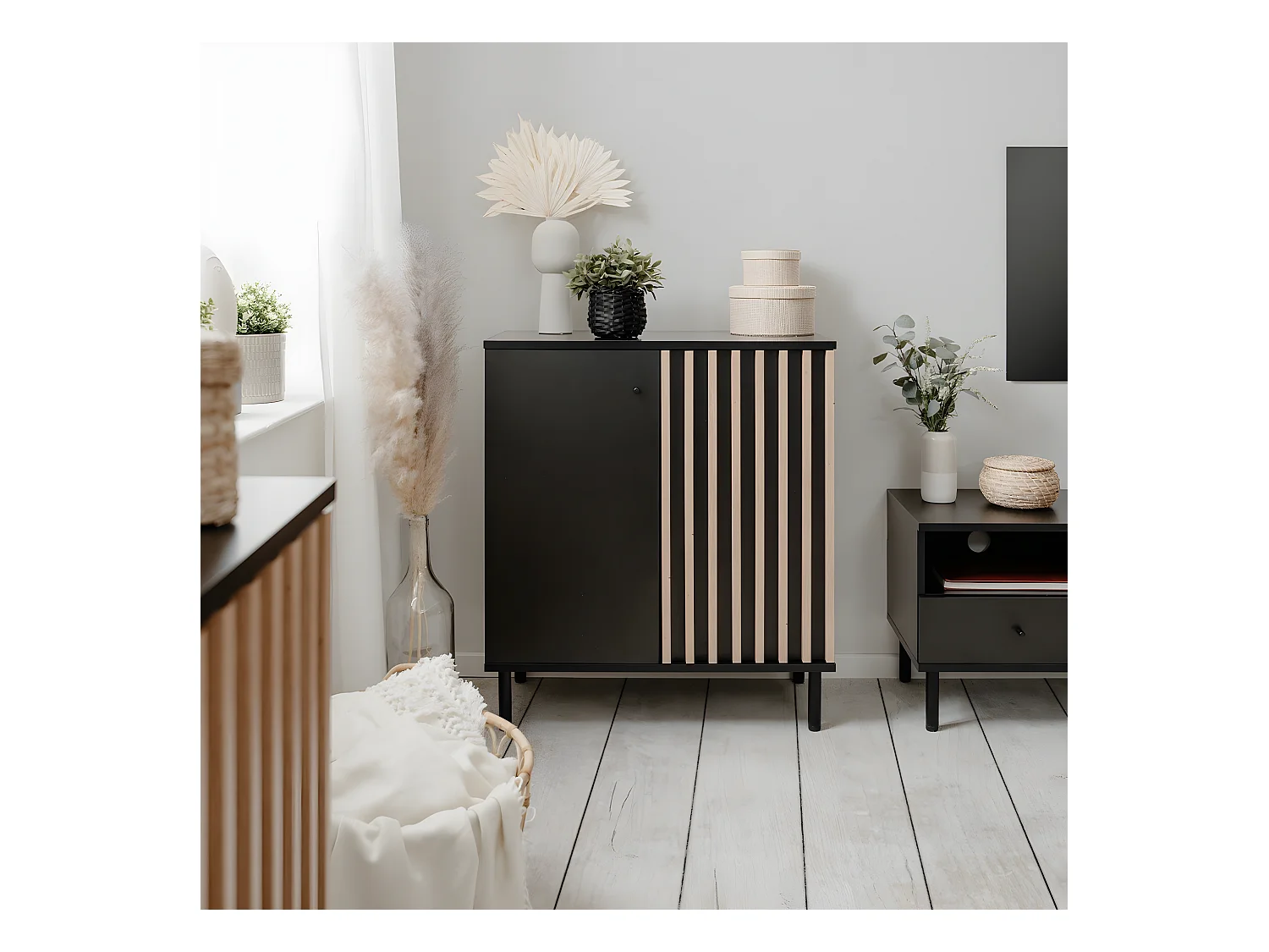 Sideboard 2 Türen Schwarz- und Holzdekor B80 cm - MONZA