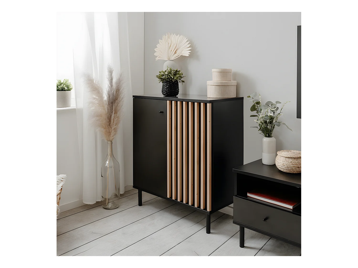 Sideboard 2 Türen Schwarz- und Holzdekor B80 cm - MONZA