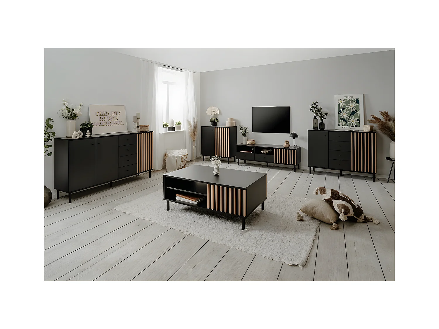 Sideboard 2 Türen Schwarz- und Holzdekor B80 cm - MONZA