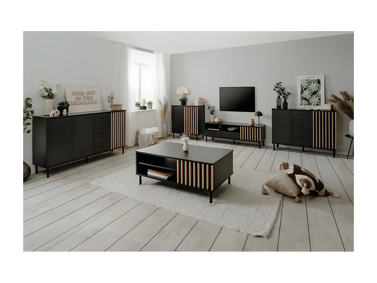 Buffet 2 Portes Noir et Bois L80 cm - MONZA