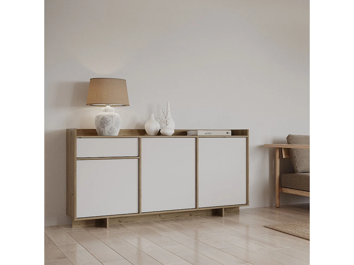 Buffet 3 portes et 1 tiroir décor chêne royal et blanc L157 cm - LEAD