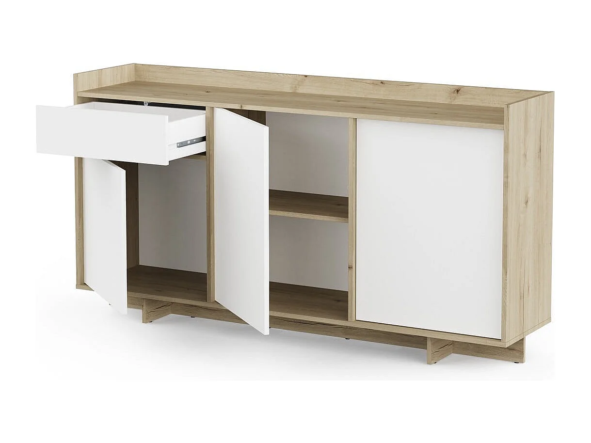 Buffet 3 portes et 1 tiroir décor chêne royal et blanc L157 cm - LEAD