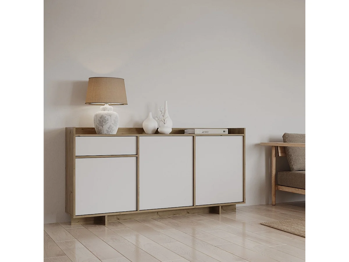 Buffet 3 portes et 1 tiroir décor chêne royal et blanc L157 cm - LEAD