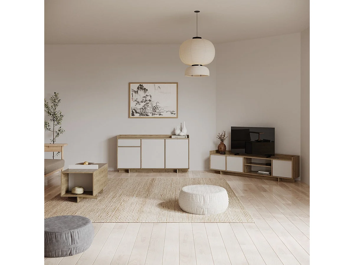 Buffet 3 portes et 1 tiroir décor chêne royal et blanc L157 cm - LEAD