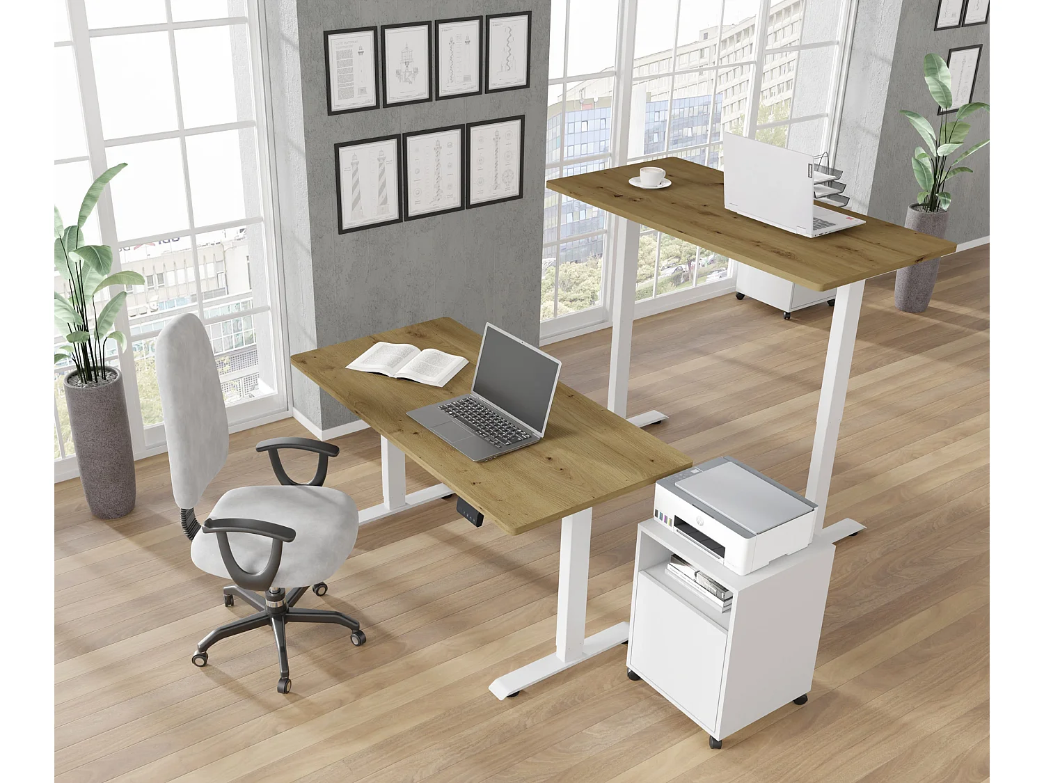 Bureau électrique 140 cm Ergo Bois et Blanc