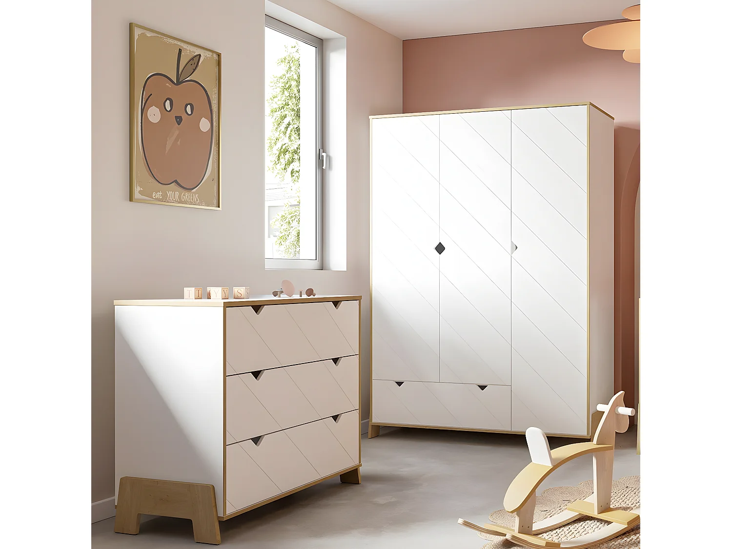 Armoire 3 portes et 1 tiroir décor blanc et chêne  H188 cm - ALBIZIA