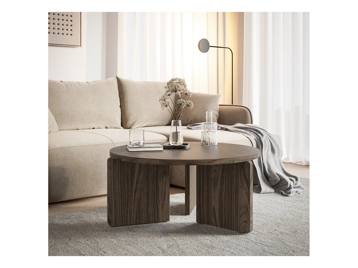 Table basse ronde - 85 cm - aspect noyer Wisconsin - PREFFINES