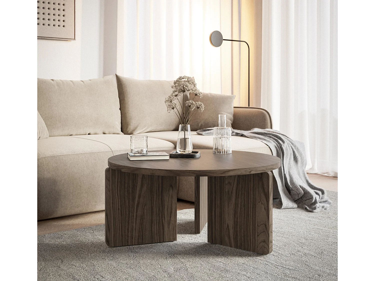 Table basse ronde - 85 cm - aspect noyer Wisconsin - PREFFINES