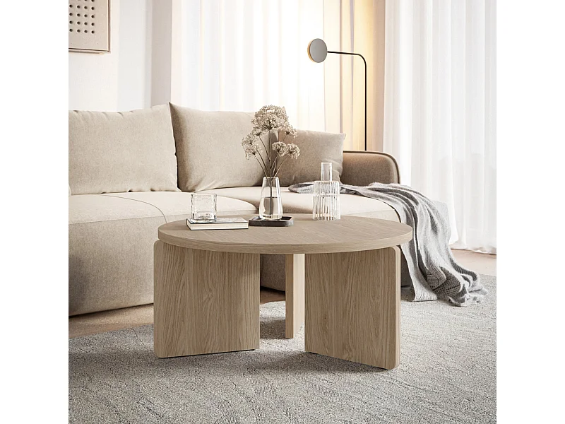 Table basse ronde - 85 cm - aspect bois clair - PREFFINES