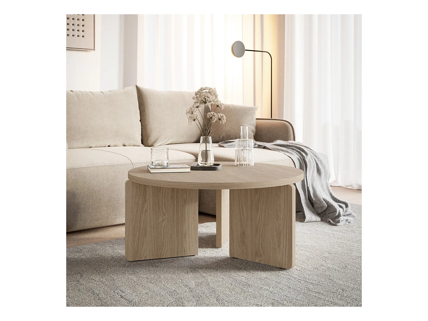 Table basse ronde - 85 cm - aspect bois clair - PREFFINES