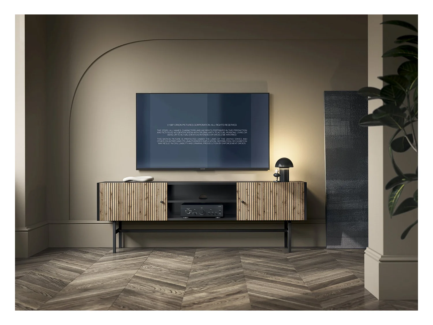 Meuble TV - 2 portes- 155 cm - noir / aspect chêne clair - DIVENOS