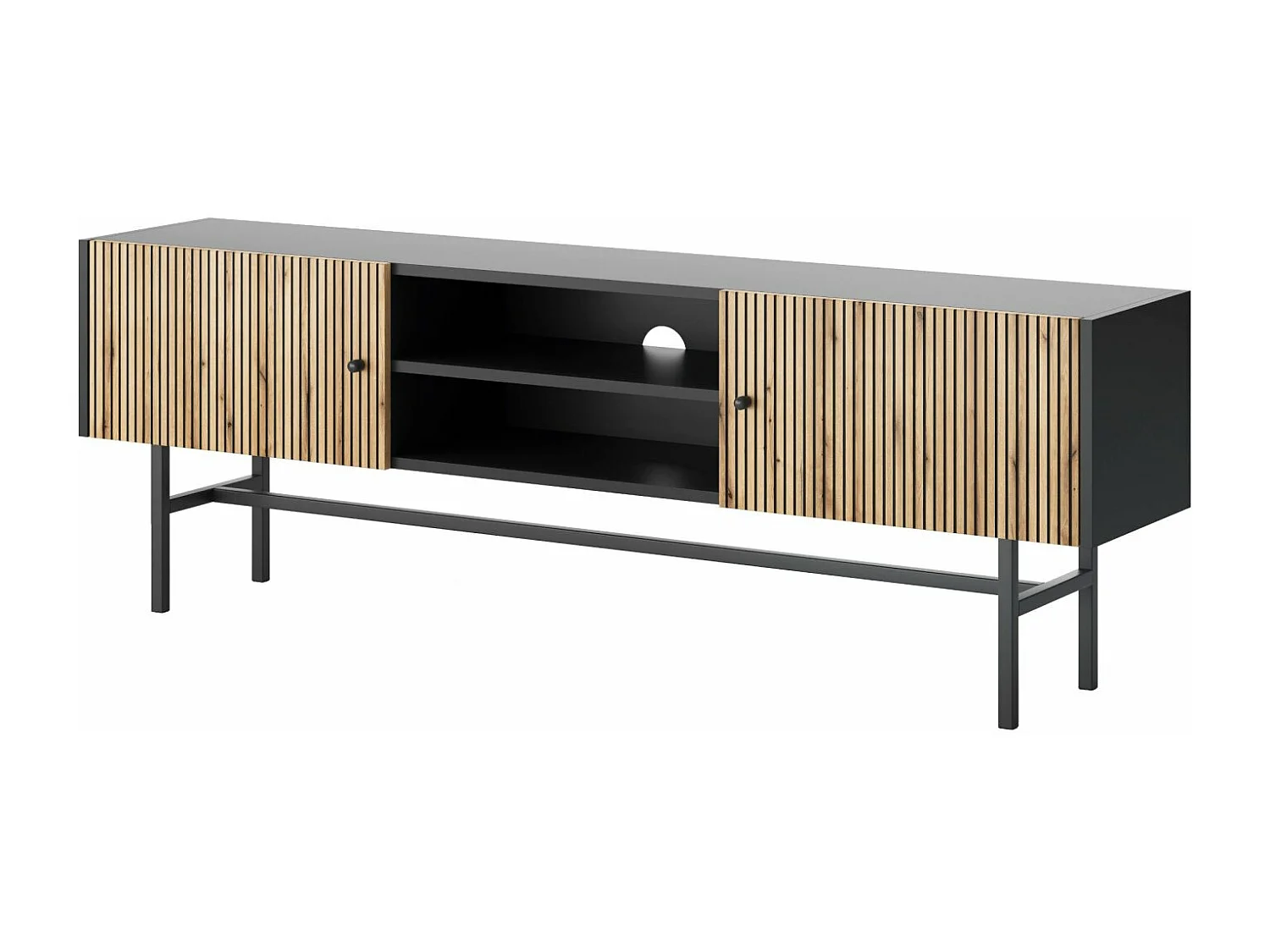 Meuble TV - 2 portes- 155 cm - noir / aspect chêne clair - DIVENOS