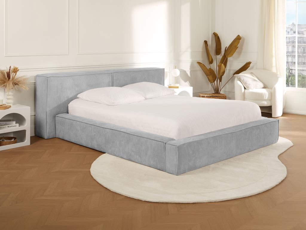 Lit coffre 200 x 200 cm - Velours côtelé - Gris clair + Matelas - TIMANO de Pascal Morabito