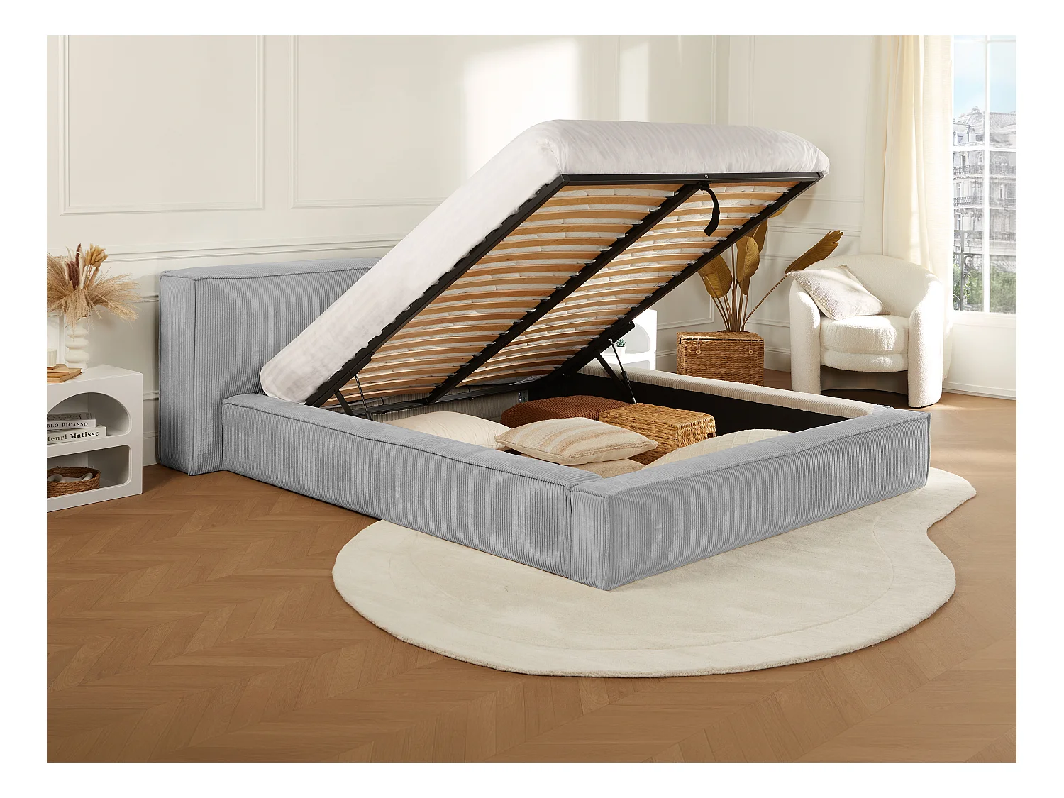 Cama baúl 200 x 200 cm - Terciopelo acanalado - Gris claro + Colchón - TIMANO de Pascal Morabito