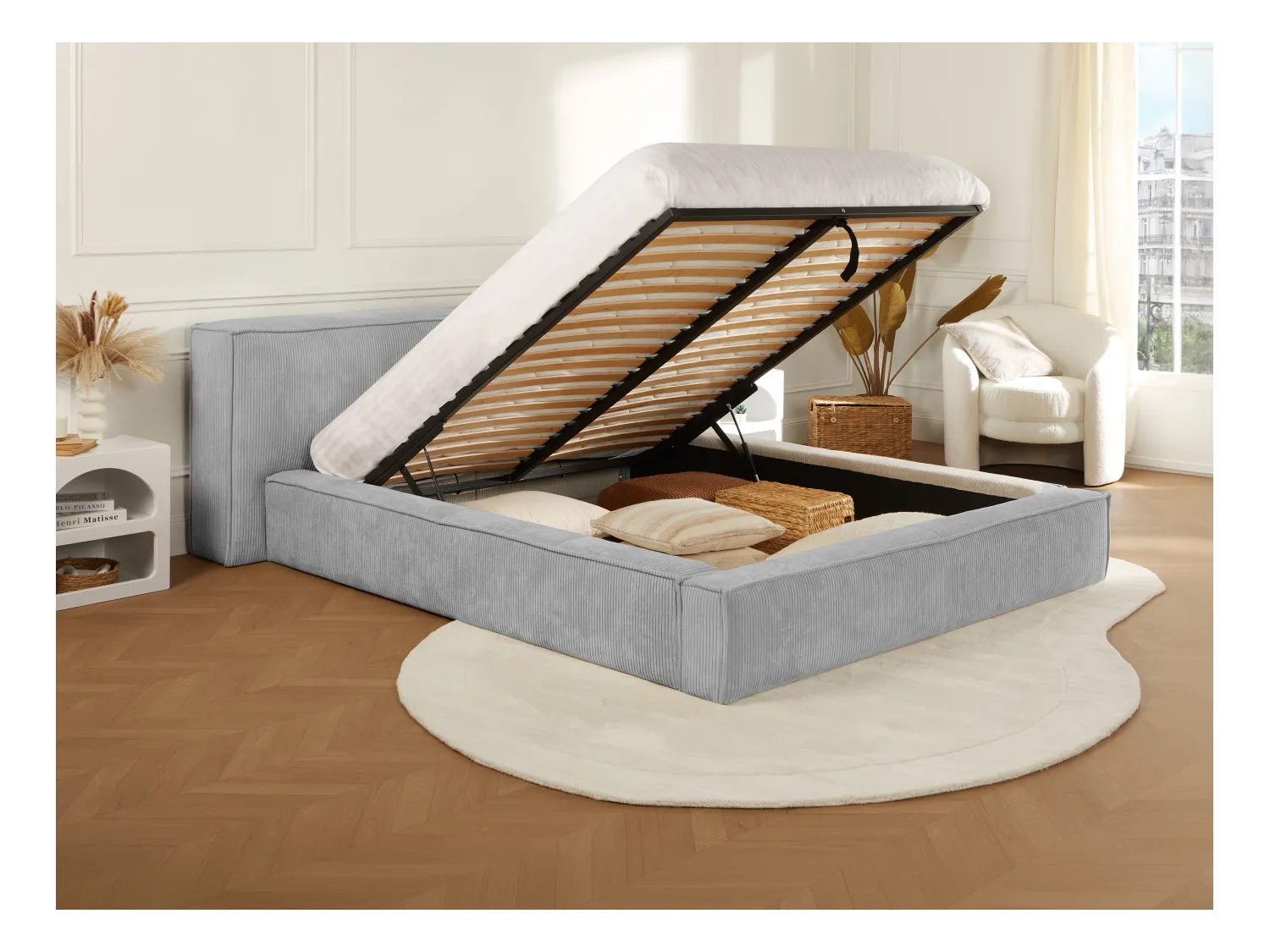 Cama baúl 200 x 200 cm - Terciopelo acanalado - Gris claro + Colchón - TIMANO de Pascal Morabito