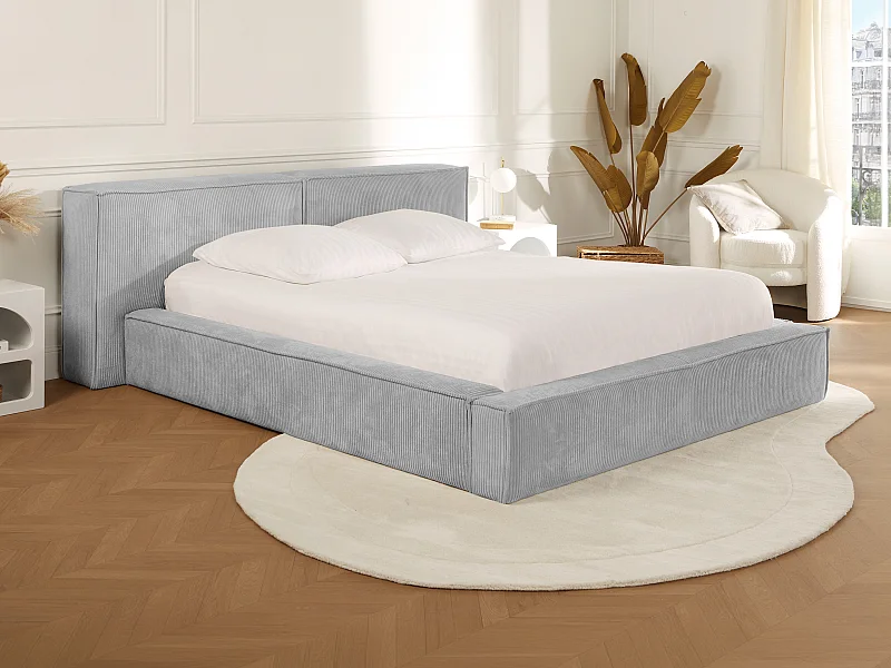 Lit coffre 200 x 200 cm - Velours côtelé - Gris clair + Matelas - TIMANO de Pascal Morabito