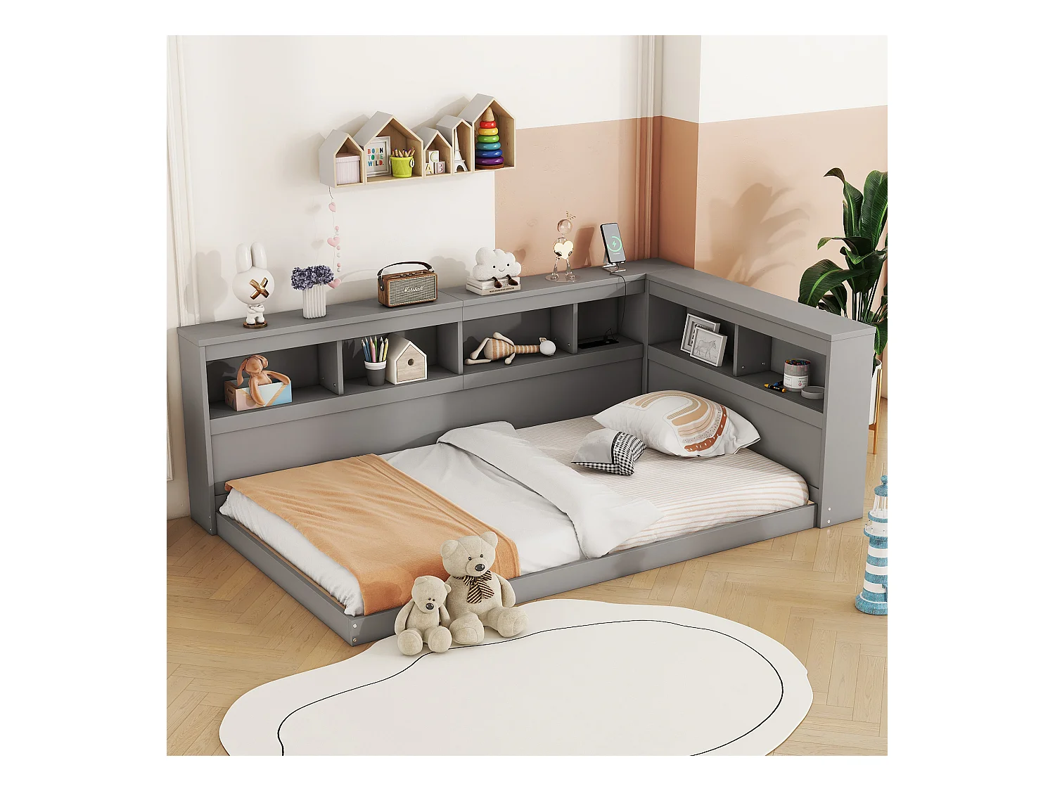 Lit 90 x 200 cm,  canapé-lit - Etaères de rangement et 2 prises USB - Panneau de particules - Gris (sans matelas)