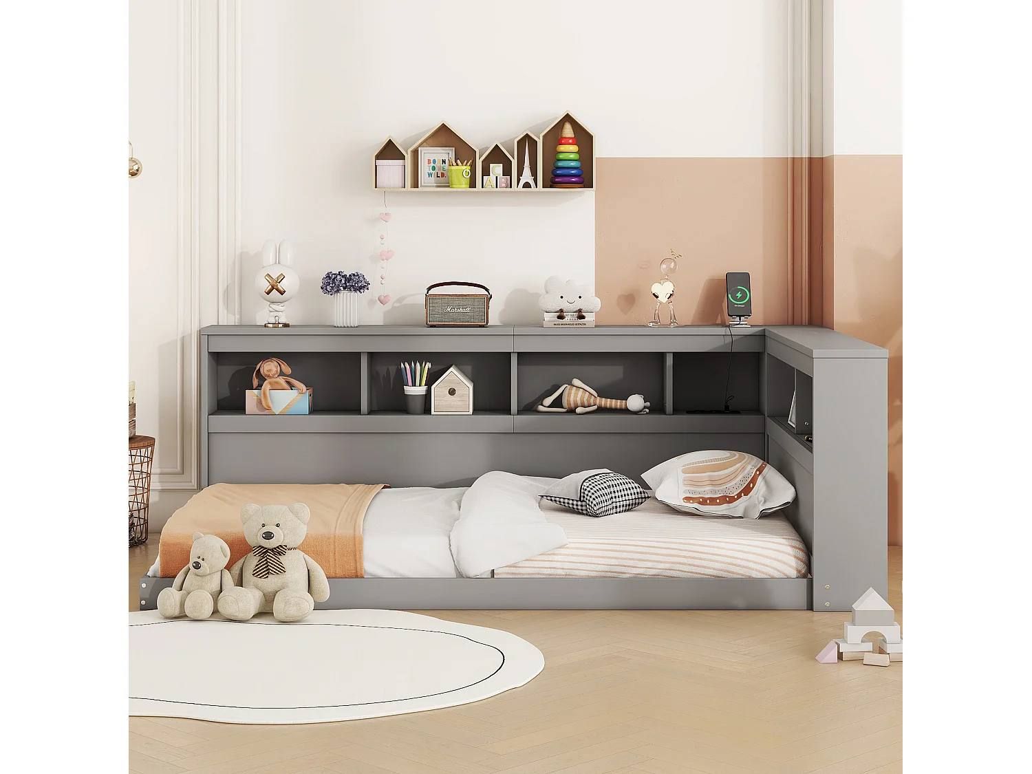 Lit 90 x 200 cm,  canapé-lit - Etaères de rangement et 2 prises USB - Panneau de particules - Gris (sans matelas)