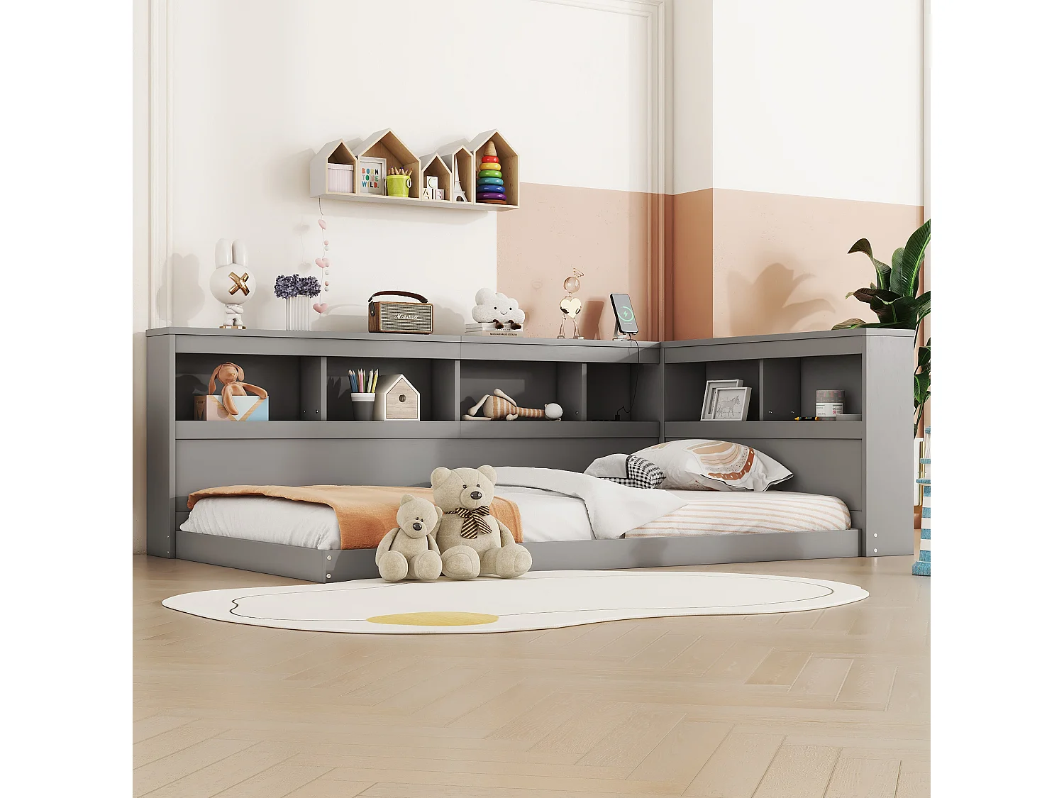 Lit 90 x 200 cm,  canapé-lit - Etaères de rangement et 2 prises USB - Panneau de particules - Gris (sans matelas)