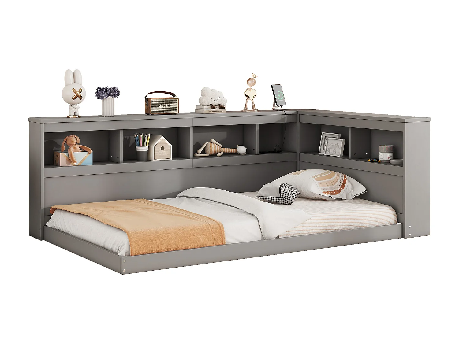 Lit 90 x 200 cm,  canapé-lit - Etaères de rangement et 2 prises USB - Panneau de particules - Gris (sans matelas)