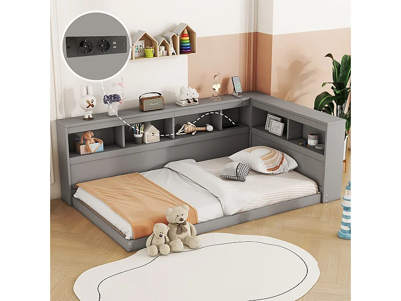 Lit 90 x 200 cm,  canapé-lit - Etaères de rangement et 2 prises USB - Panneau de particules - Gris (sans matelas)