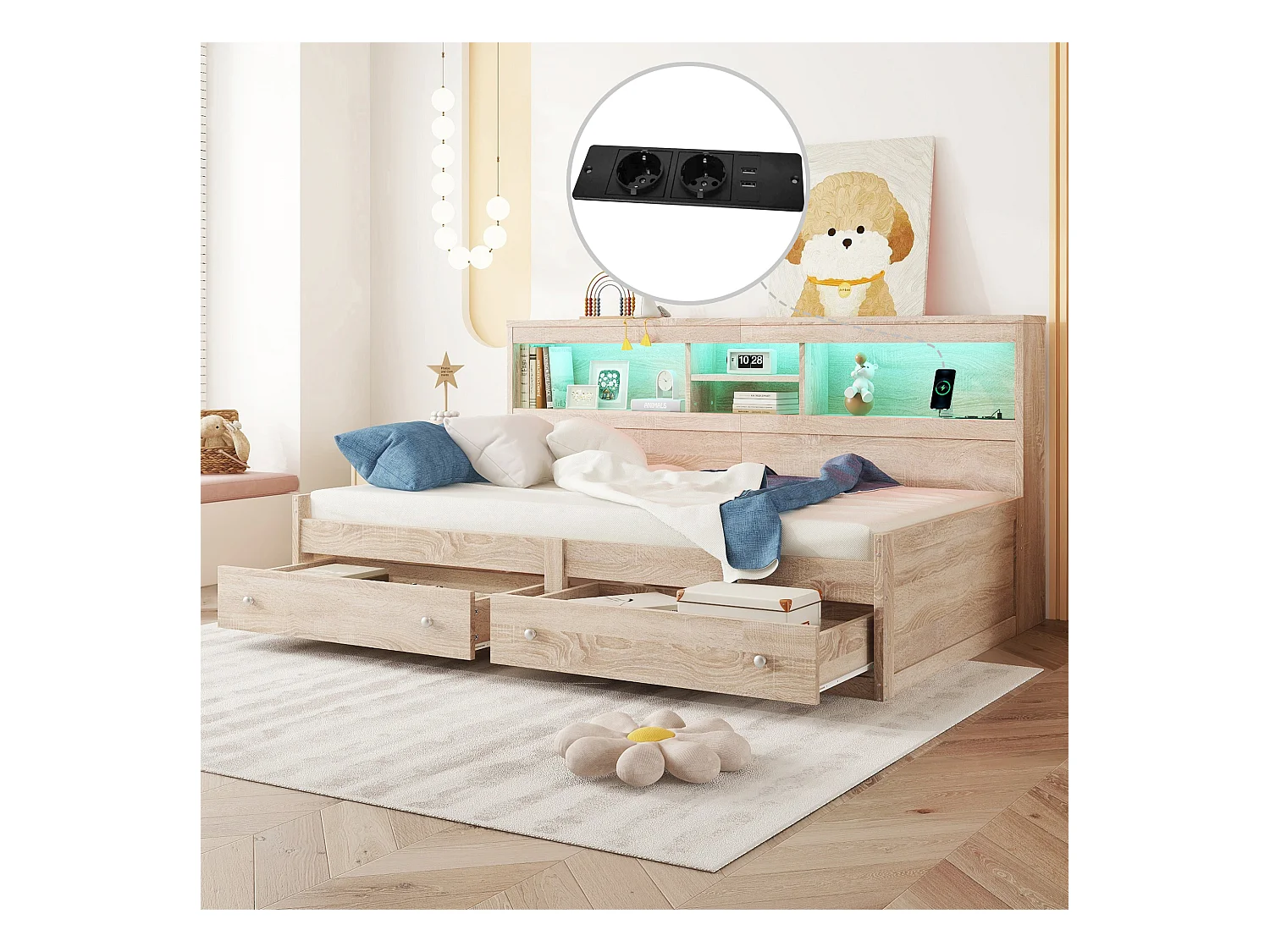 Bed 90 x 200 cm met 2 lades, opbergplanken en 2 USB-aansluitingen - Spaanplaat - LED's - Naturel (zonder matras)