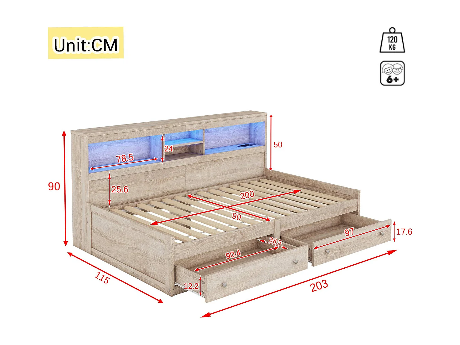 90 x 200 cm großes Bett mit 2 Schubladen, Ablagen und 2 USB-Anschlüssen – Spanplatte – LEDs – Natur (ohne Matratze)